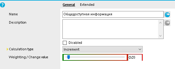General ERended Name Description Calculation type Weighting / Change value 06LueAocrynHaq MHOopMaL4L•1A Disabled Increment c.03 